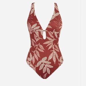 Cupshe Brick Red Botanical Print Front Keyhole, One-Piece Swimsuit, Medium
